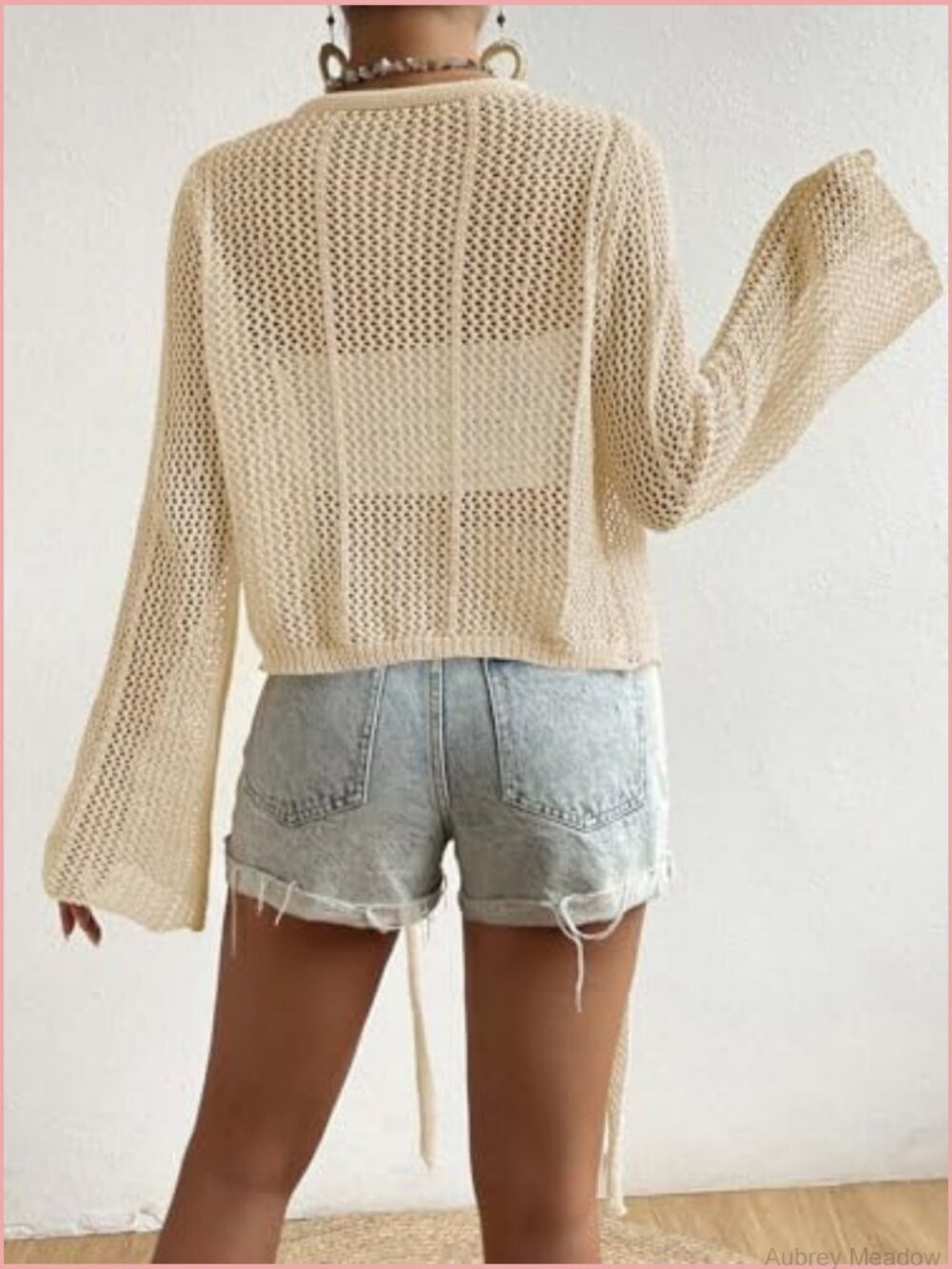 Hollow Out Tie Front Cardigan Summer Crop Flare Sleeve Crochet Bolero Top - Picture 5 of 5